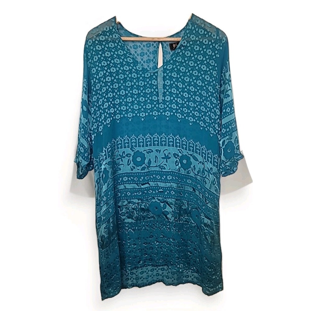 Biya By Johnny Was Boho Blouse Tunic Womens Small 100% Silk‎ Floral Burnout Aqua